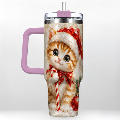 #pl[40oz|Pink] Santa Hat Kitten 40oz Tumbler with Handle, Christmas Cat Artwork