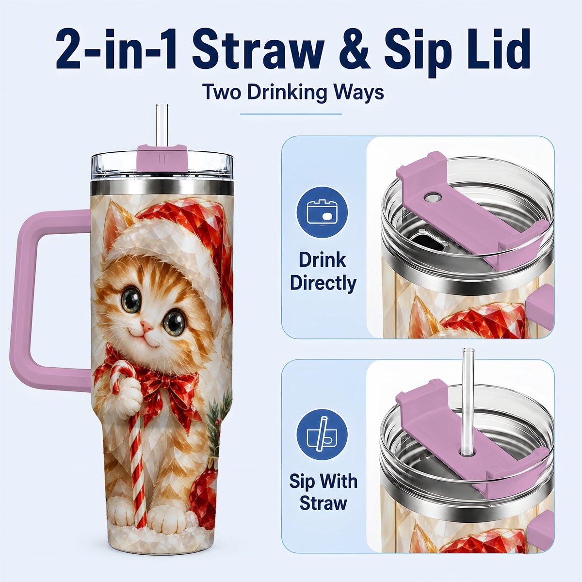 #pl[40oz|Pink] Santa Hat Kitten 40oz Tumbler with Handle, Christmas Cat Artwork