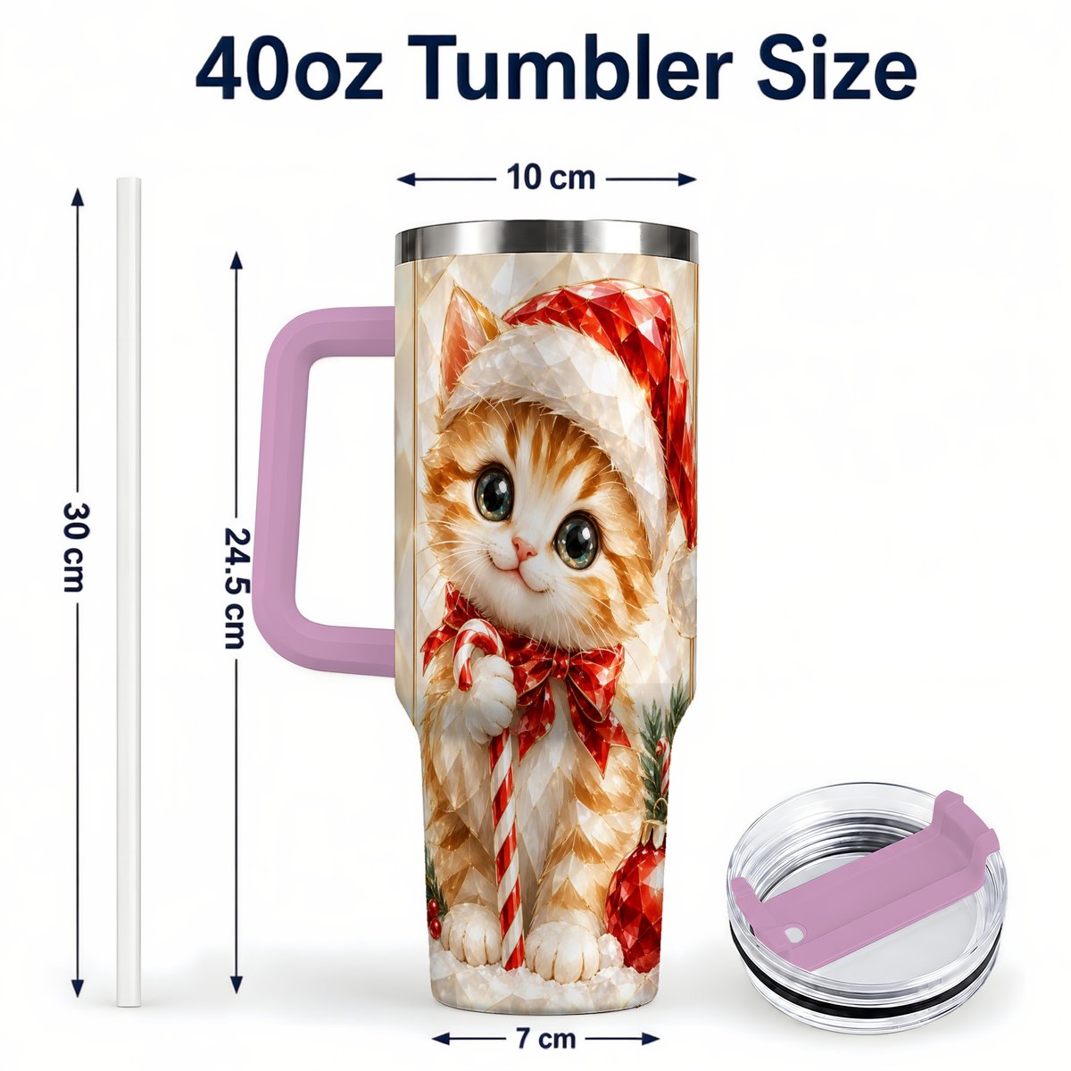 #pl[40oz|Pink] Santa Hat Kitten 40oz Tumbler with Handle, Christmas Cat Artwork