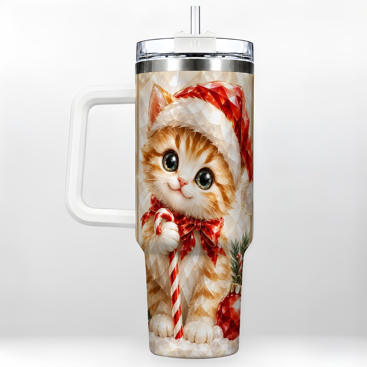 Santa Hat Kitten 40oz Tumbler with Handle, Christmas Cat Artwork