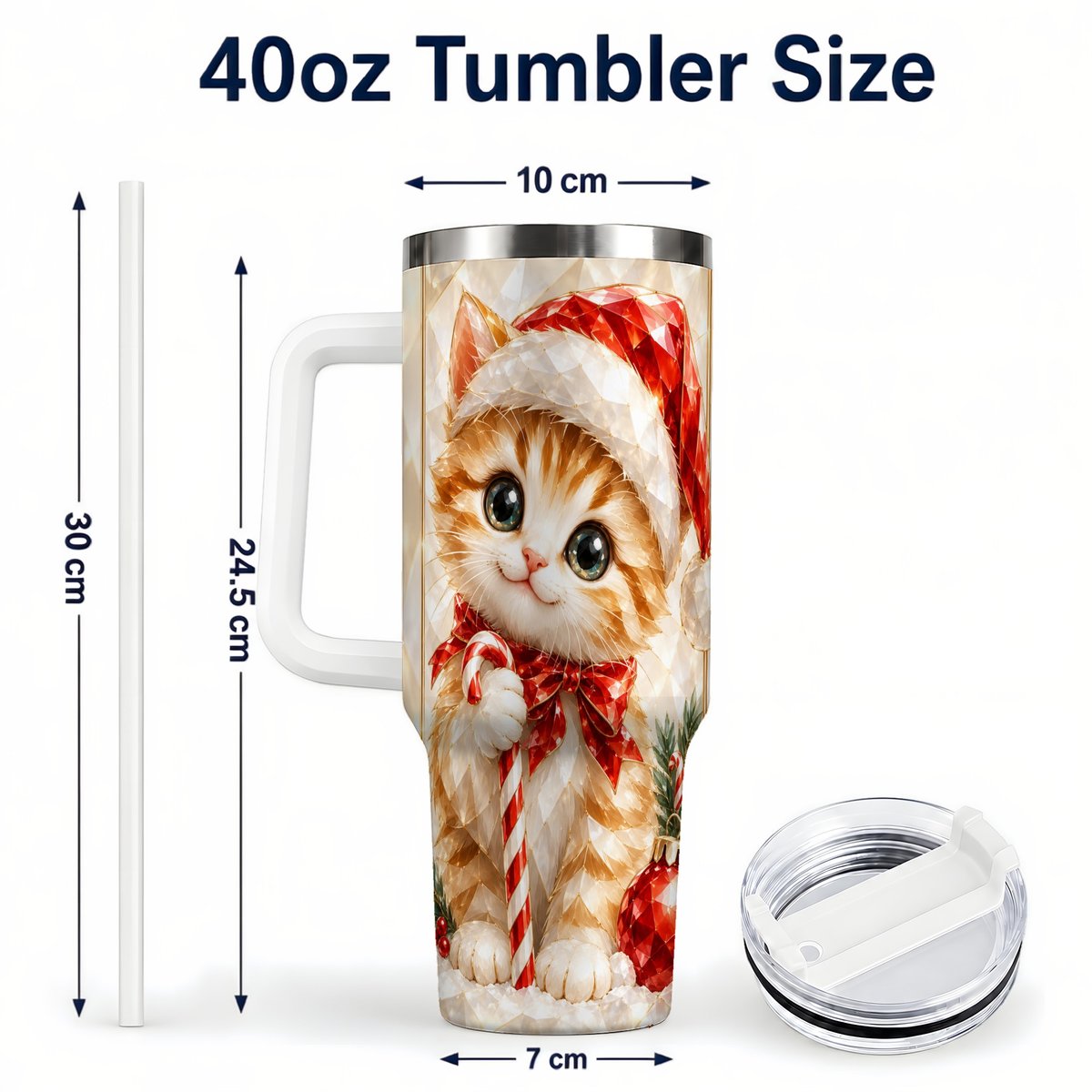 #pl[40oz|White] Santa Hat Kitten 40oz Tumbler with Handle, Christmas Cat Artwork
