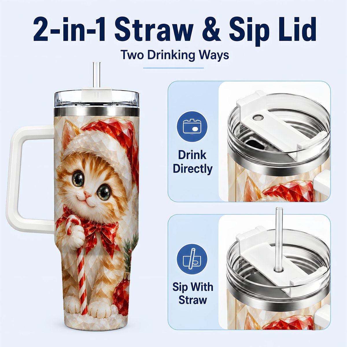#pl[40oz|White] Santa Hat Kitten 40oz Tumbler with Handle, Christmas Cat Artwork