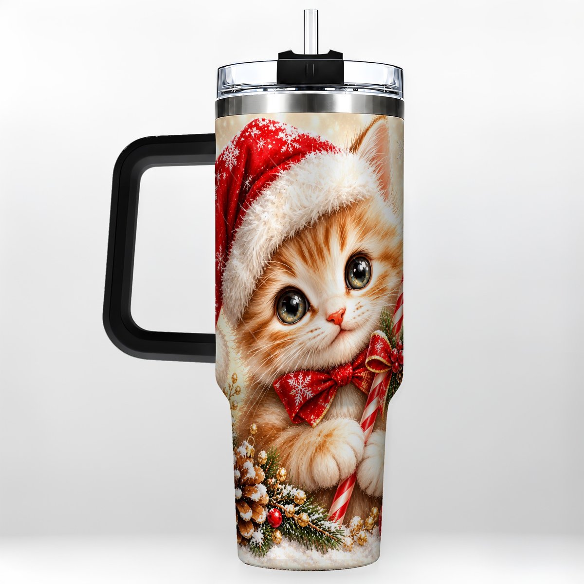 #pl[40oz|Black] Christmas Kitten 40oz Tumbler with Handle, Candy Cane Cat Design