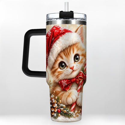 #pl[40oz|Black] Christmas Kitten 40oz Tumbler with Handle, Candy Cane Cat Design