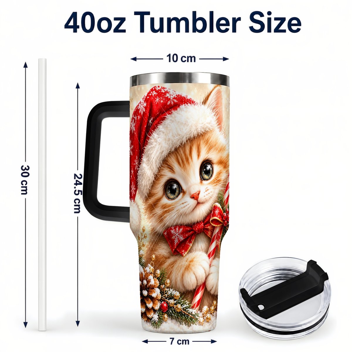 #pl[40oz|Black] Christmas Kitten 40oz Tumbler with Handle, Candy Cane Cat Design