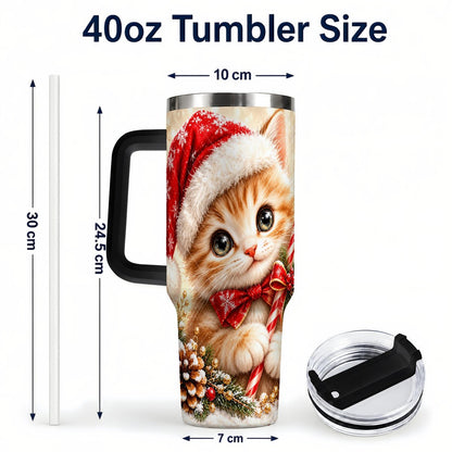 #pl[40oz|Black] Christmas Kitten 40oz Tumbler with Handle, Candy Cane Cat Design