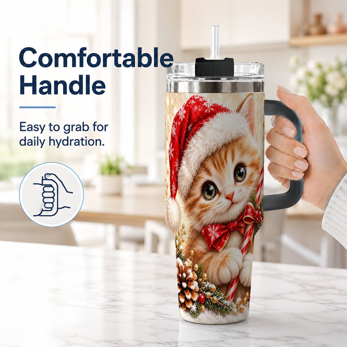 #pl[40oz|Black] Christmas Kitten 40oz Tumbler with Handle, Candy Cane Cat Design