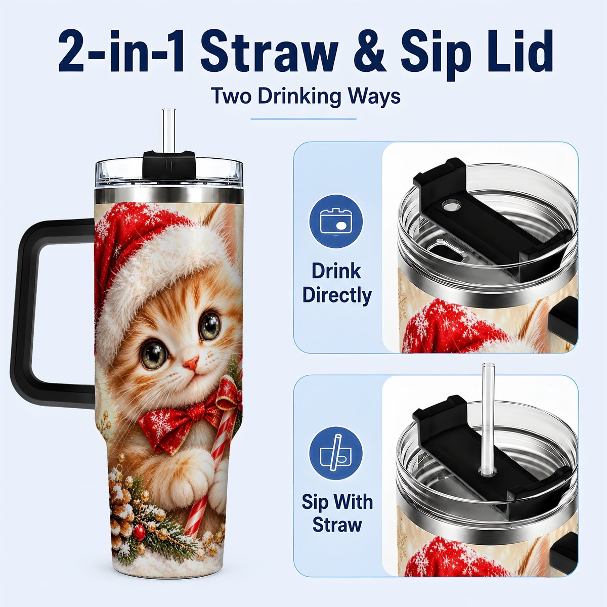 #pl[40oz|Black] Christmas Kitten 40oz Tumbler with Handle, Candy Cane Cat Design