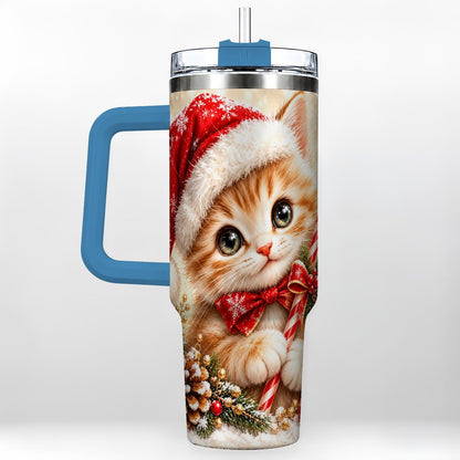 #pl[40oz|Blue] Christmas Kitten 40oz Tumbler with Handle, Candy Cane Cat Design