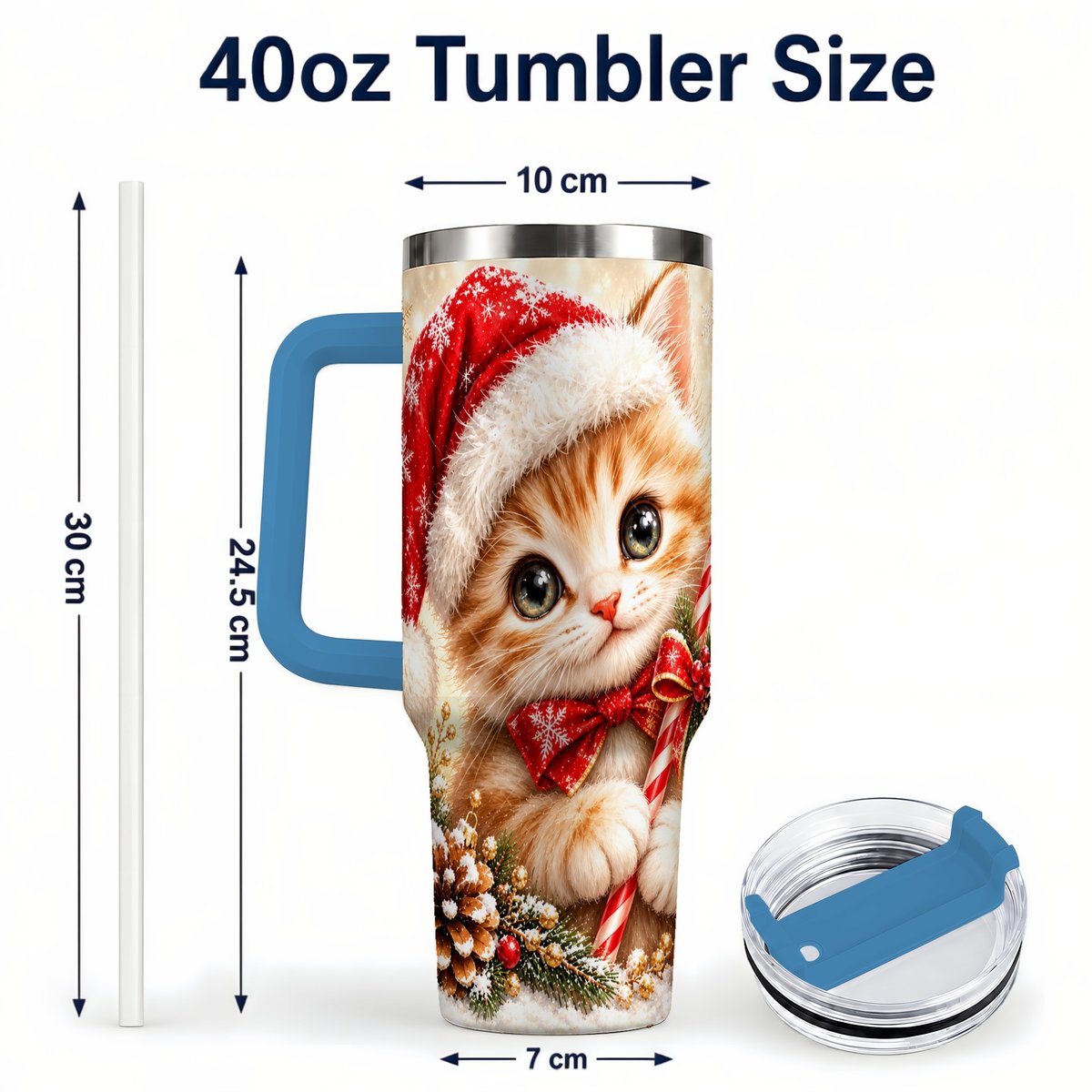 #pl[40oz|Blue] Christmas Kitten 40oz Tumbler with Handle, Candy Cane Cat Design