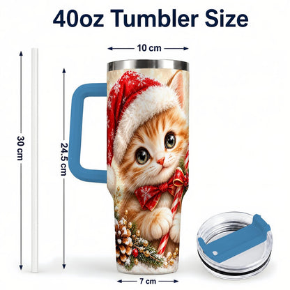 #pl[40oz|Blue] Christmas Kitten 40oz Tumbler with Handle, Candy Cane Cat Design