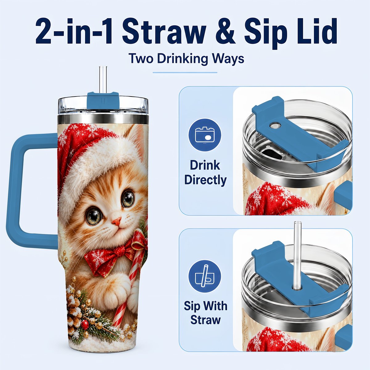 #pl[40oz|Blue] Christmas Kitten 40oz Tumbler with Handle, Candy Cane Cat Design