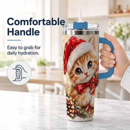 #pl[40oz|Blue] Christmas Kitten 40oz Tumbler with Handle, Candy Cane Cat Design
