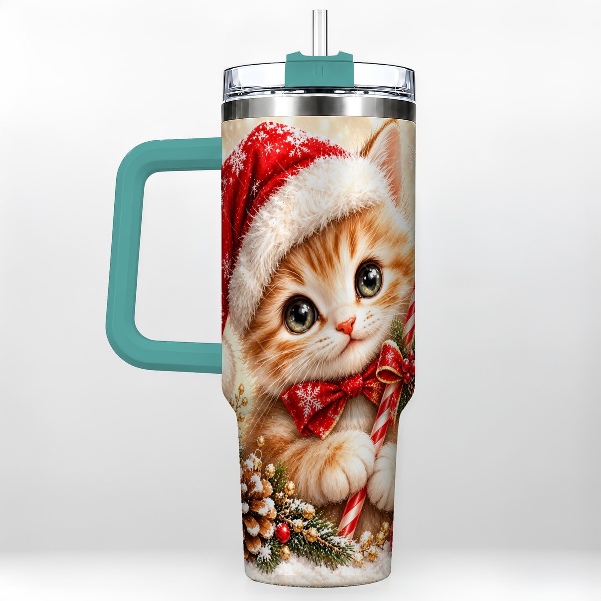 #pl[40oz|Green] Christmas Kitten 40oz Tumbler with Handle, Candy Cane Cat Design