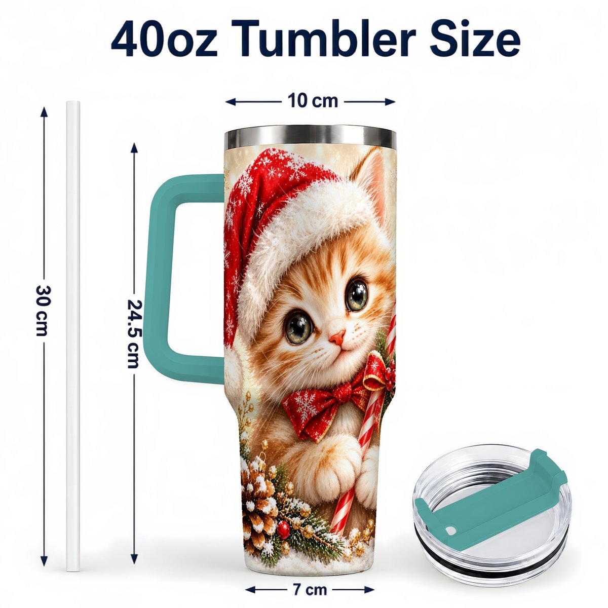 #pl[40oz|Green] Christmas Kitten 40oz Tumbler with Handle, Candy Cane Cat Design