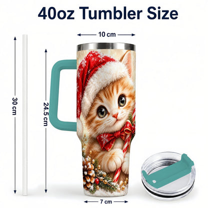 #pl[40oz|Green] Christmas Kitten 40oz Tumbler with Handle, Candy Cane Cat Design