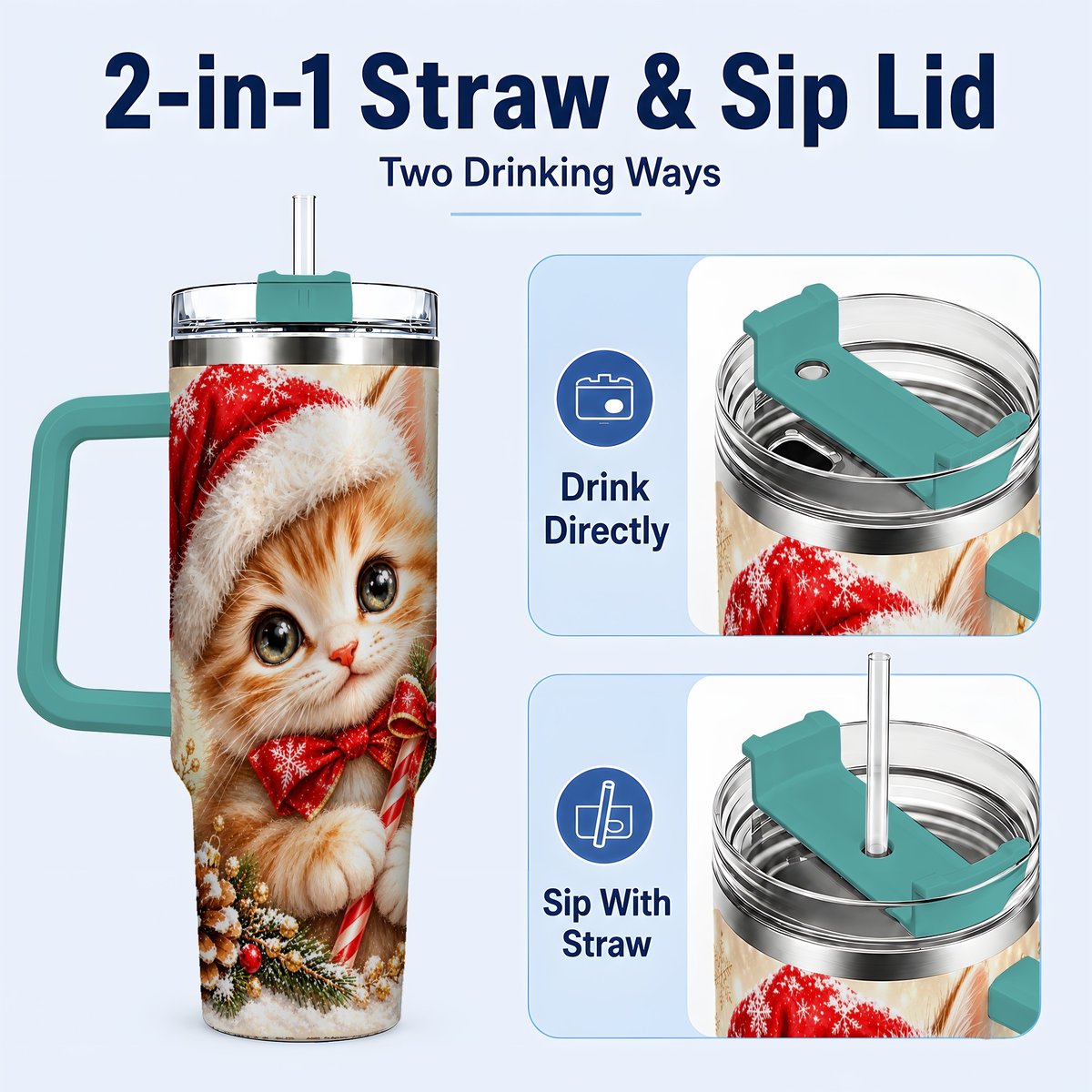 #pl[40oz|Green] Christmas Kitten 40oz Tumbler with Handle, Candy Cane Cat Design