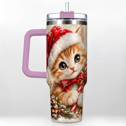 #pl[40oz|Pink] Christmas Kitten 40oz Tumbler with Handle, Candy Cane Cat Design