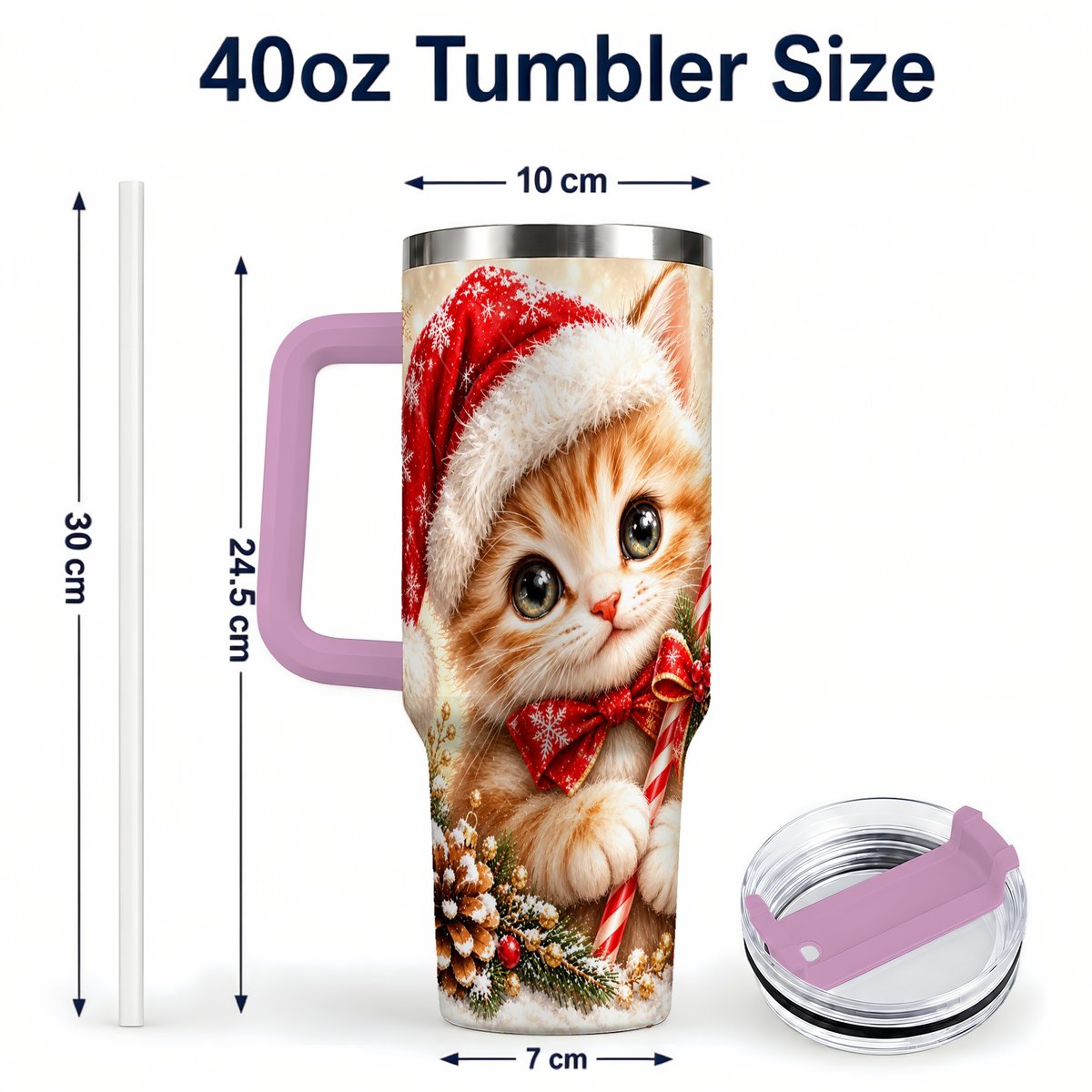 #pl[40oz|Pink] Christmas Kitten 40oz Tumbler with Handle, Candy Cane Cat Design