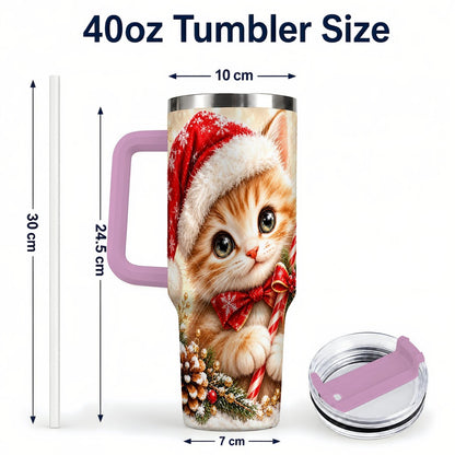 #pl[40oz|Pink] Christmas Kitten 40oz Tumbler with Handle, Candy Cane Cat Design