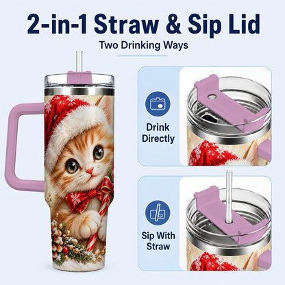 #pl[40oz|Pink] Christmas Kitten 40oz Tumbler with Handle, Candy Cane Cat Design