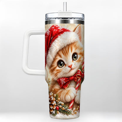 Christmas Kitten 40oz Tumbler with Handle, Candy Cane Cat Design