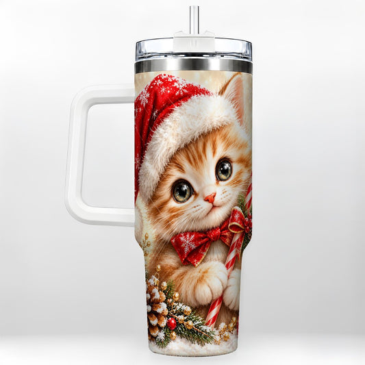 Christmas Kitten 40oz Tumbler with Handle, Candy Cane Cat Design