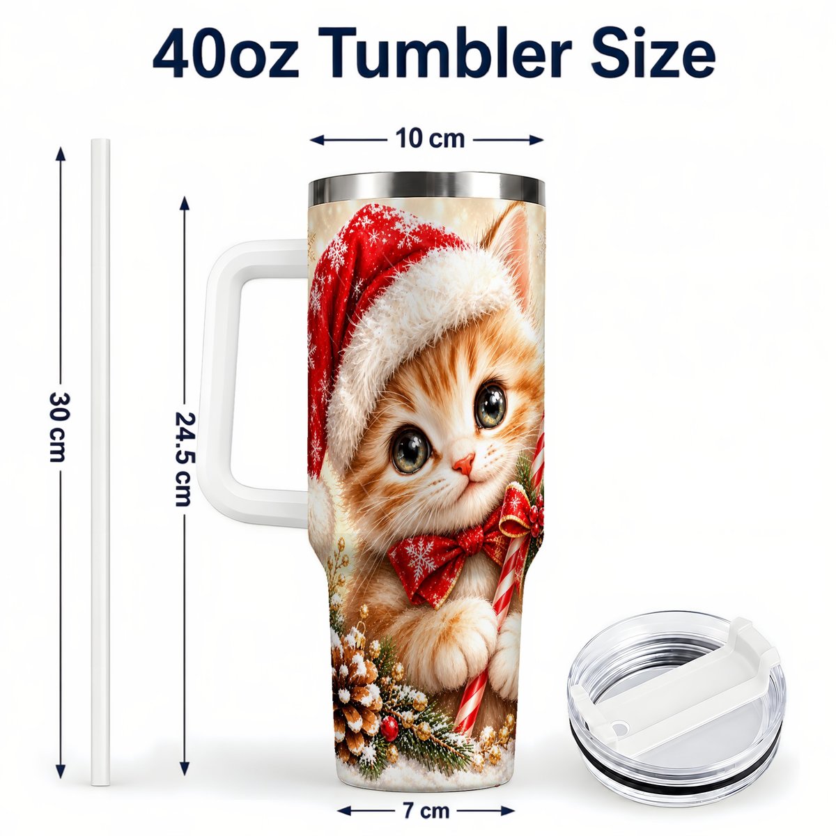 #pl[40oz|White] Christmas Kitten 40oz Tumbler with Handle, Candy Cane Cat Design
