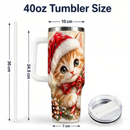 #pl[40oz|White] Christmas Kitten 40oz Tumbler with Handle, Candy Cane Cat Design