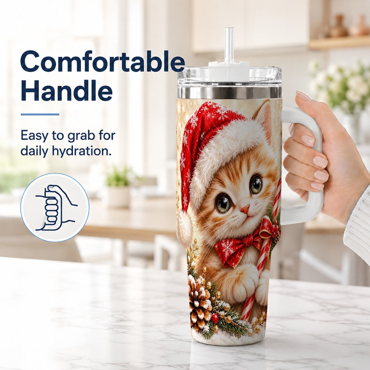 #pl[40oz|White] Christmas Kitten 40oz Tumbler with Handle, Candy Cane Cat Design