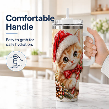 #pl[40oz|White] Christmas Kitten 40oz Tumbler with Handle, Candy Cane Cat Design