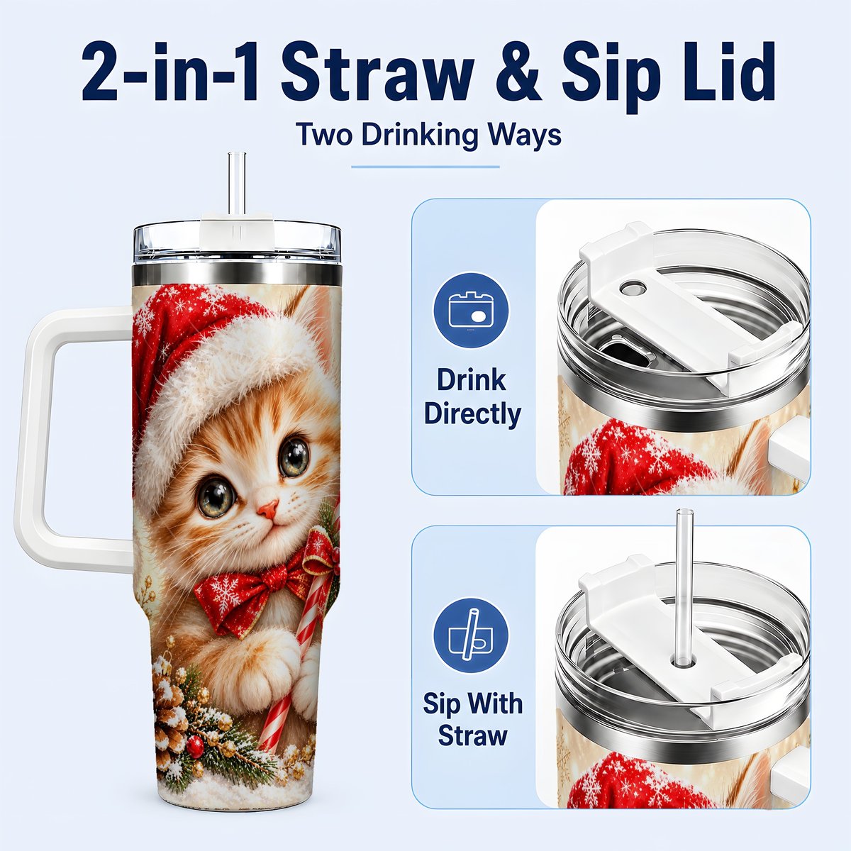 #pl[40oz|White] Christmas Kitten 40oz Tumbler with Handle, Candy Cane Cat Design