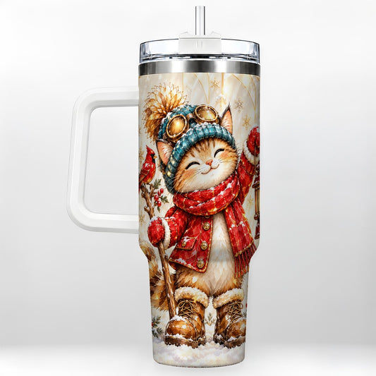 Christmas Adventure Cat 40oz Tumbler with Handle, Cardinal Bird Art