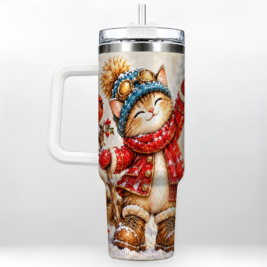 Winter Kitten 40oz Tumbler with Handle, Festive Cat Steel Drinkware