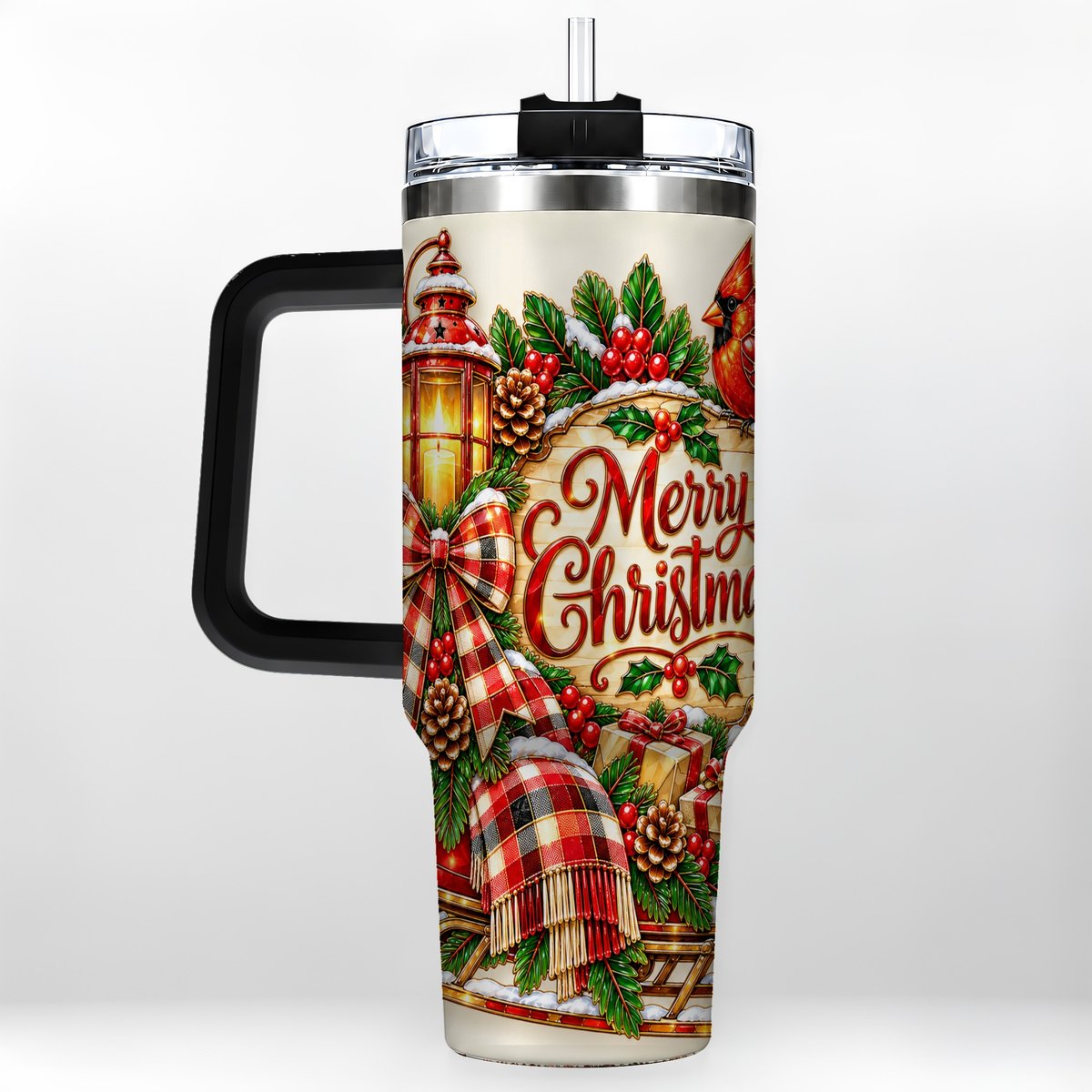 #pl[40oz|Black] Christmas Cardinal 40oz Tumbler with Handle, Sleigh Holiday Art