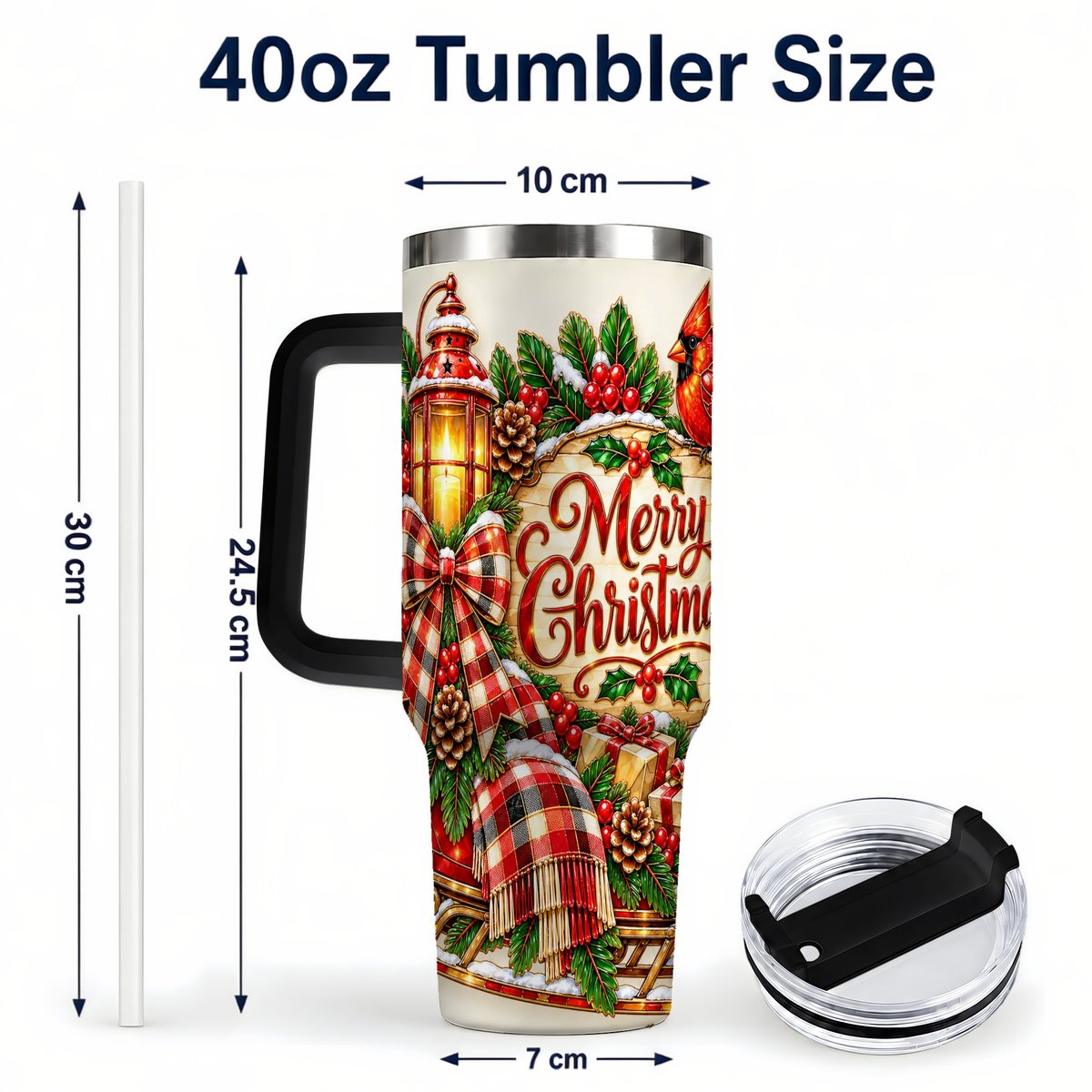#pl[40oz|Black] Christmas Cardinal 40oz Tumbler with Handle, Sleigh Holiday Art