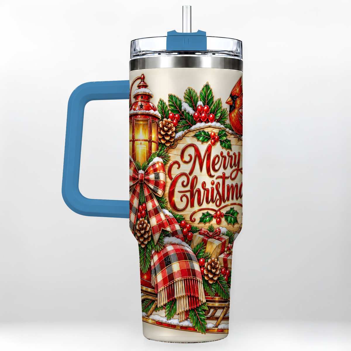 #pl[40oz|Blue] Christmas Cardinal 40oz Tumbler with Handle, Sleigh Holiday Art