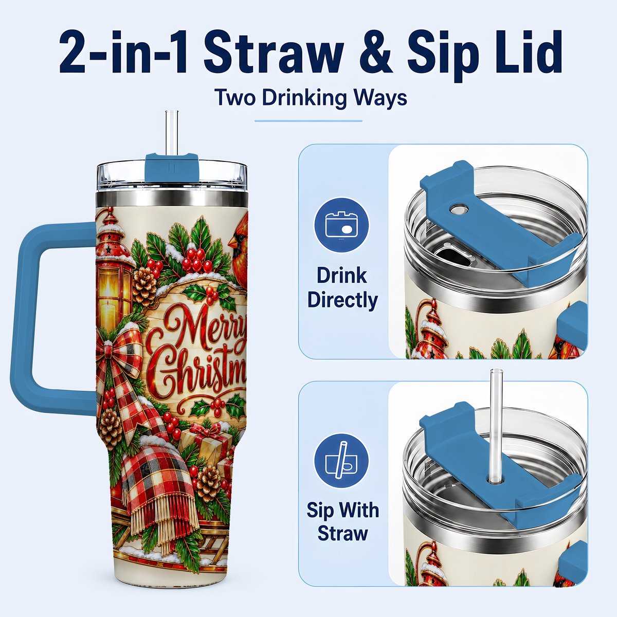 #pl[40oz|Blue] Christmas Cardinal 40oz Tumbler with Handle, Sleigh Holiday Art