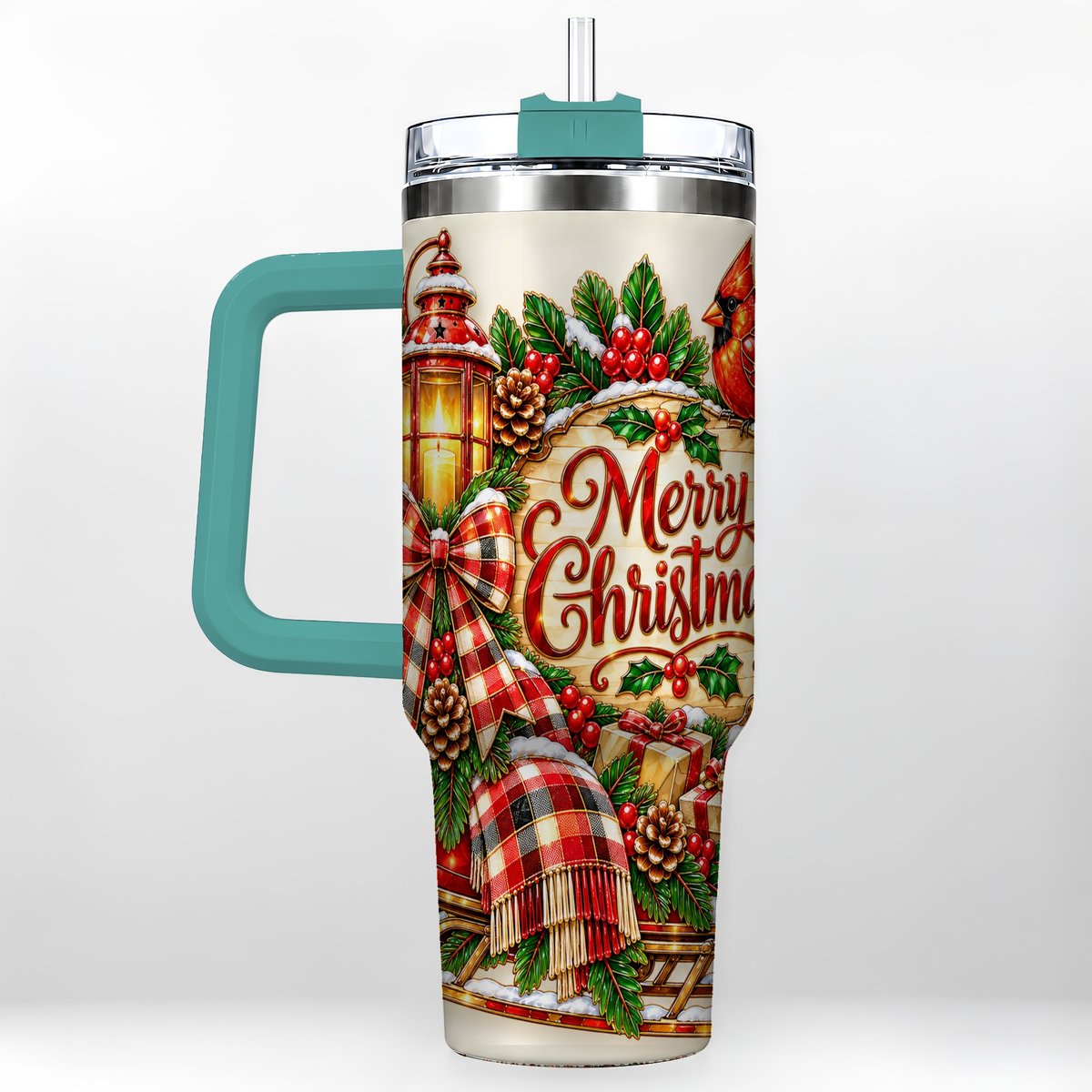 #pl[40oz|Green] Christmas Cardinal 40oz Tumbler with Handle, Sleigh Holiday Art