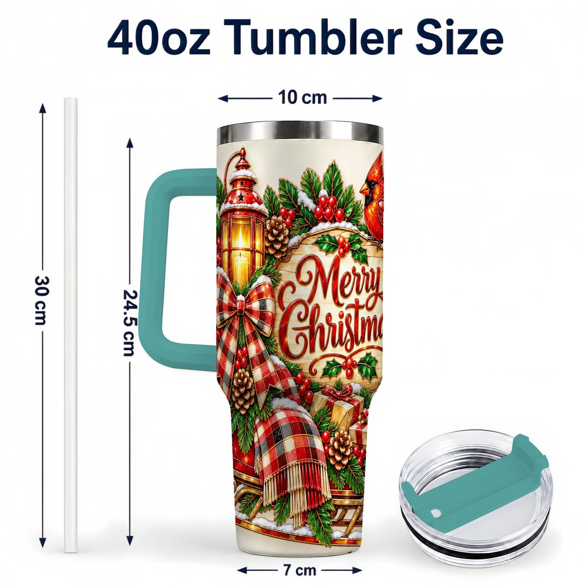 #pl[40oz|Green] Christmas Cardinal 40oz Tumbler with Handle, Sleigh Holiday Art