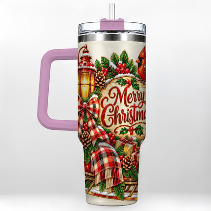 #pl[40oz|Pink] Christmas Cardinal 40oz Tumbler with Handle, Sleigh Holiday Art