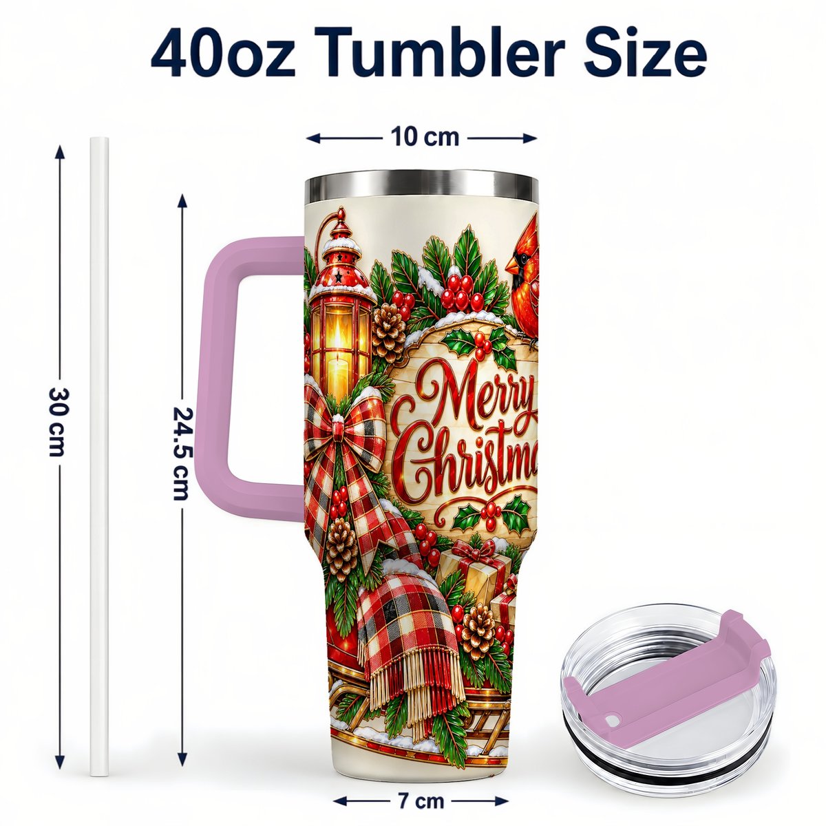 #pl[40oz|Pink] Christmas Cardinal 40oz Tumbler with Handle, Sleigh Holiday Art