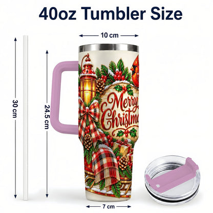 #pl[40oz|Pink] Christmas Cardinal 40oz Tumbler with Handle, Sleigh Holiday Art