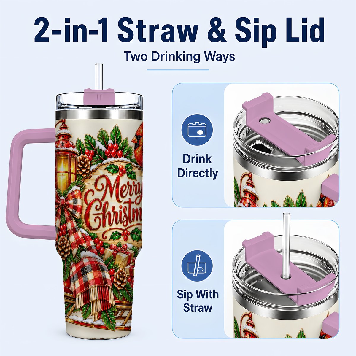 #pl[40oz|Pink] Christmas Cardinal 40oz Tumbler with Handle, Sleigh Holiday Art