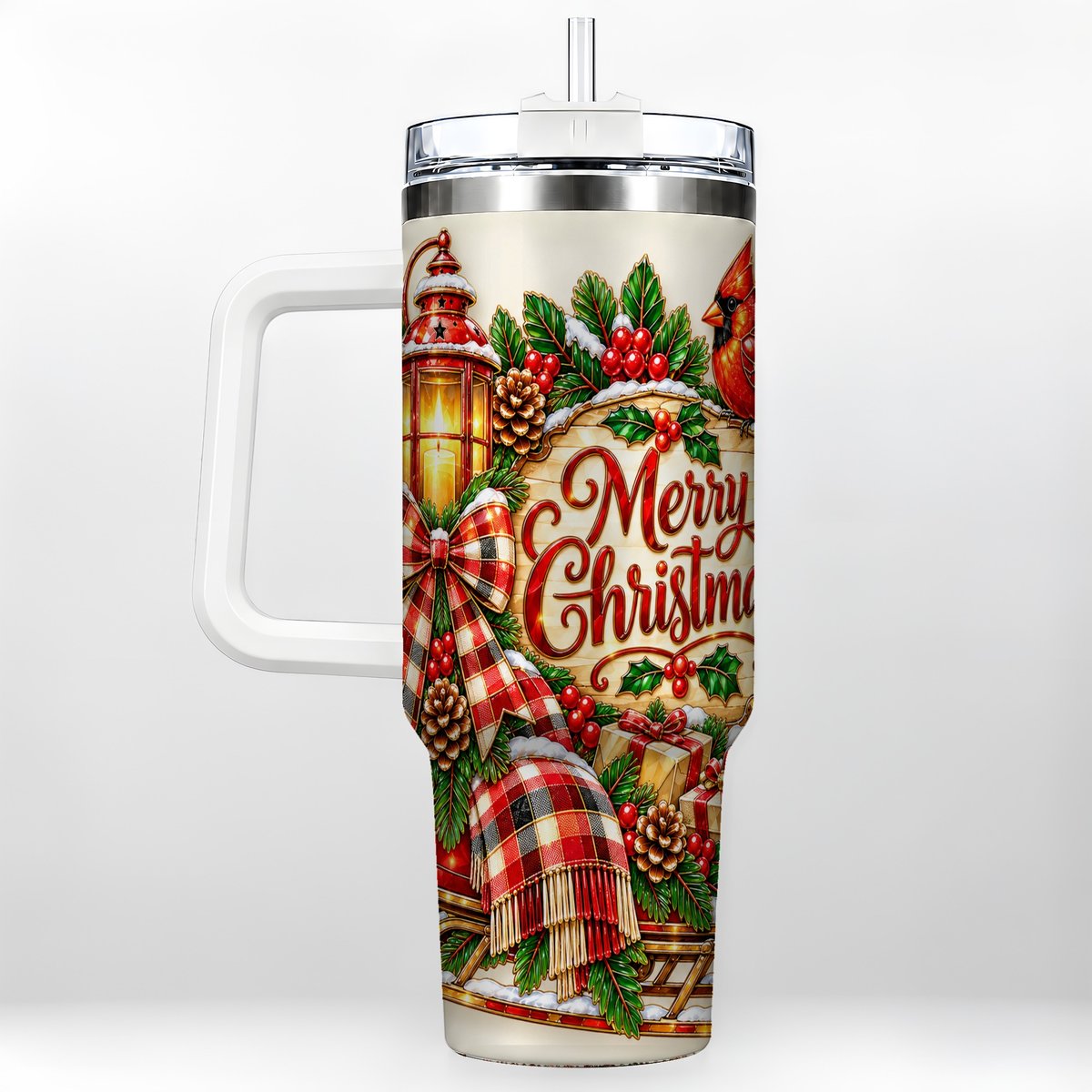 Christmas Cardinal 40oz Tumbler with Handle, Sleigh Holiday Art