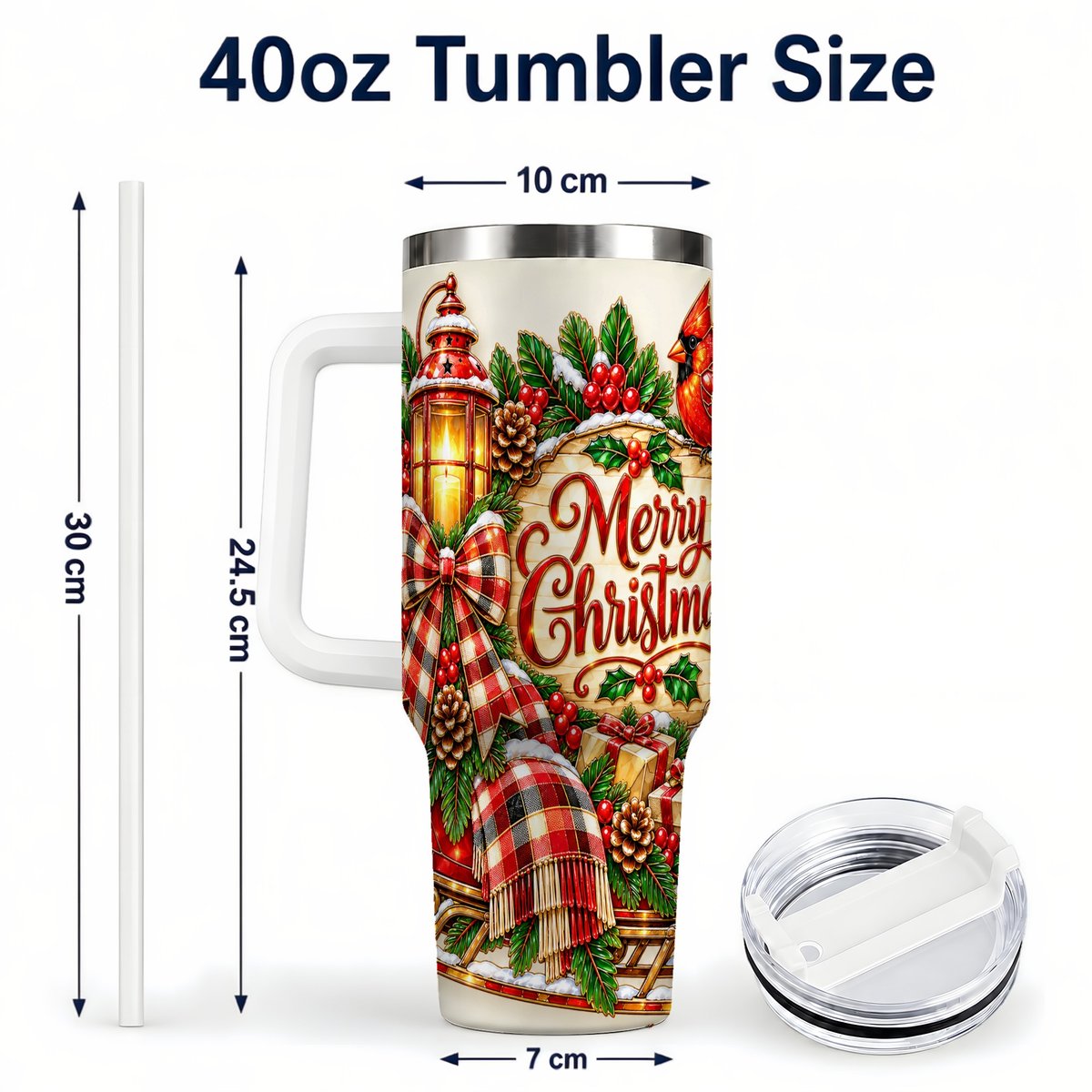 #pl[40oz|White] Christmas Cardinal 40oz Tumbler with Handle, Sleigh Holiday Art