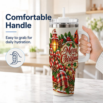 #pl[40oz|White] Christmas Cardinal 40oz Tumbler with Handle, Sleigh Holiday Art