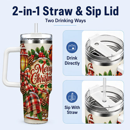 #pl[40oz|White] Christmas Cardinal 40oz Tumbler with Handle, Sleigh Holiday Art