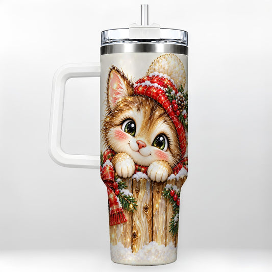 Christmas Kitten 40oz Tumbler with Handle, Winter Fence Artwork