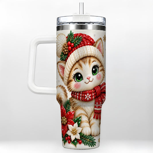 Christmas Cat 40oz Tumbler with Handle, Poinsettia Winter Art